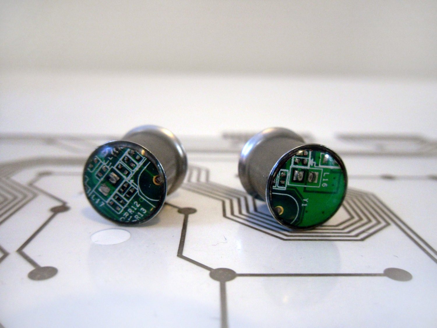 Ready to Ship - Circuit Board Plugs - Stainless Steel Double Flared Tunnels - Green 00 gauge - Cyborg Series