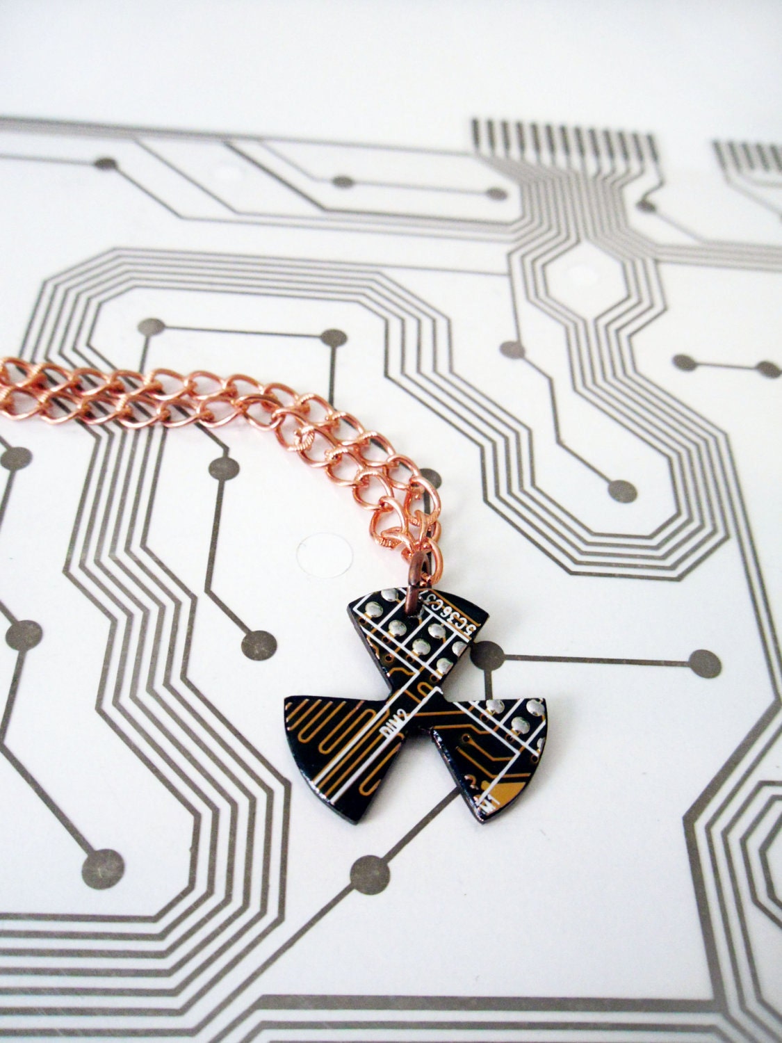HAZPUNK Circuit Board Necklace - Yellow Gold Nuclear Hazard Symbol - Cyborg Series