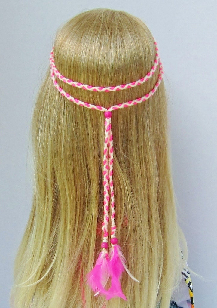 I GET AROUND neon pink braided feather hippie headband