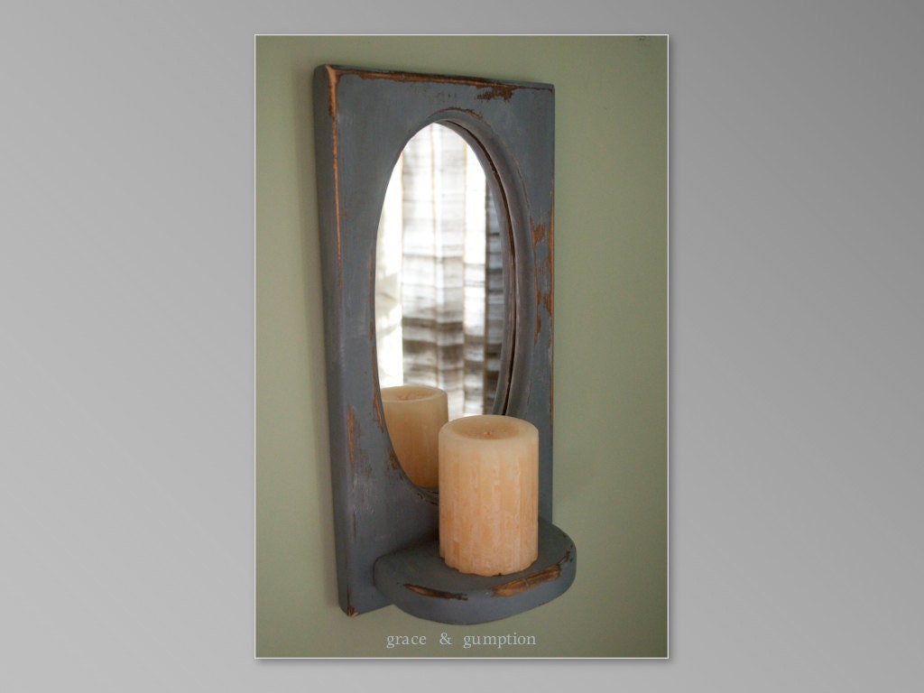 Repurposed Gray Vintage Wood Hanging Mirror and Shelf