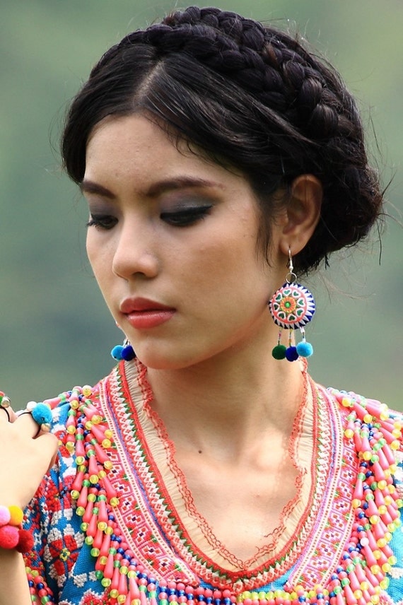 Hmong Heart Earring/ Accessories/ Ethnic/ Embroidery/Colorful/Tribal