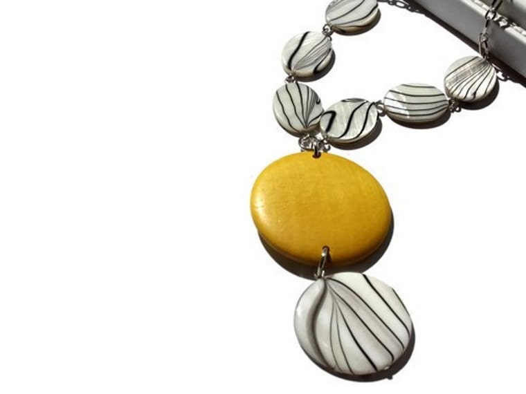 Yellow Necklace with Black and White Zebra Printed Shells and a Bright Yellow Wood Pendant, Minimalist Modern Jewelry