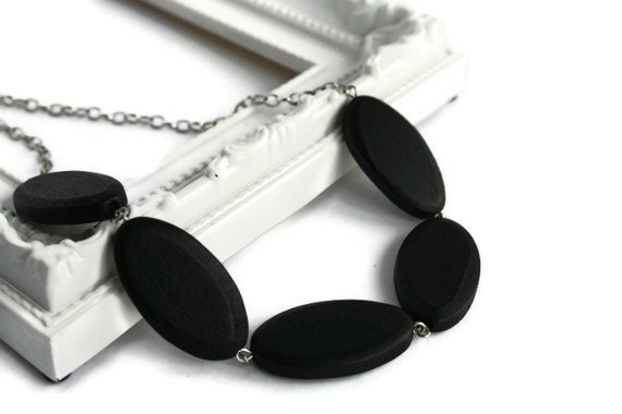 Black Geometric Necklace with Oval Wooden Beads on Chain, Minimalist Jewelry