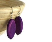 Purple Wood Earrings with Oval Geometric Beads Hung on Nickel Free Fish Hooks