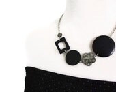 Black Chunky Beaded Necklace with Shell and Wooden Beads, Hawaiian Flower Necklace