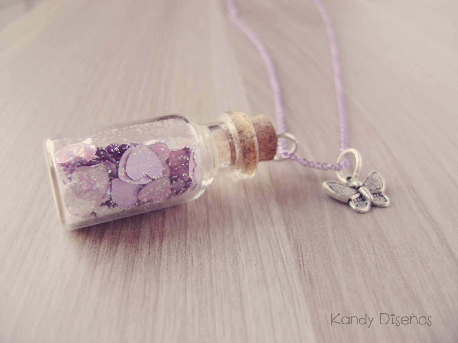 Hearts Bottle Necklace Purple Magic Vial Snow Glitter Butterfly Whimsical design Romantic Gift ideas