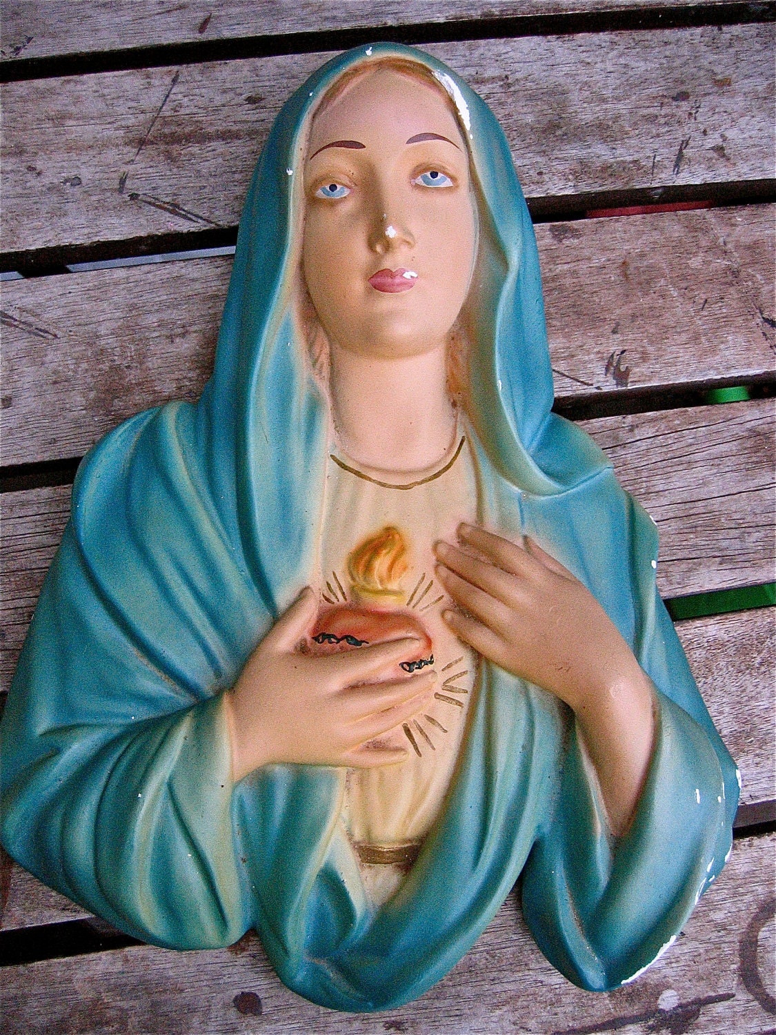 Sale- LARGE Sacred Heart of MARY Vintage 1940's Plaque- Well Loved- 11" x 8.5"