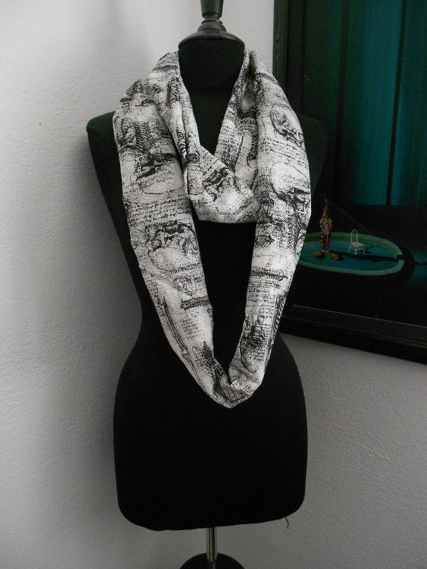 Black and white Skull and bones cotton print infinity scarf cowl wrap fits all sizes