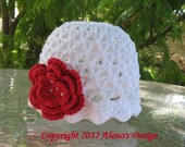 PDF Instant Download - Crochet Pattern 015 --  Lace  Beanie Hat  with  Rose - from 6-12 months to Teen/Adult