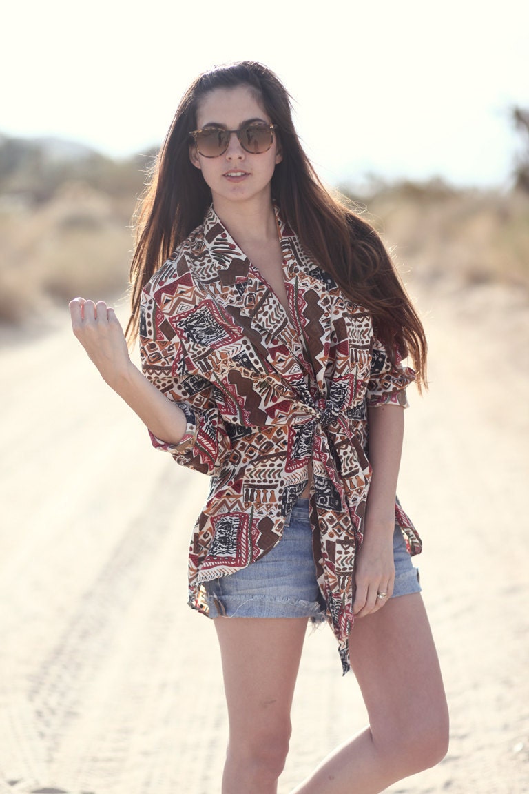 Country Western Boho Hipster Cropped Tie Front Blouse Top - Reba