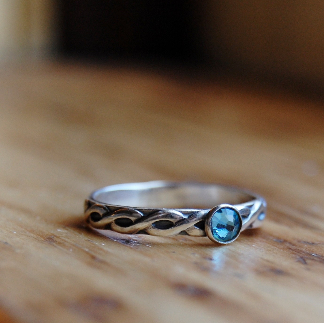 Sterling Silver Stacking Ring   - Blue Topaz Swarovski Crystal - Custom Size