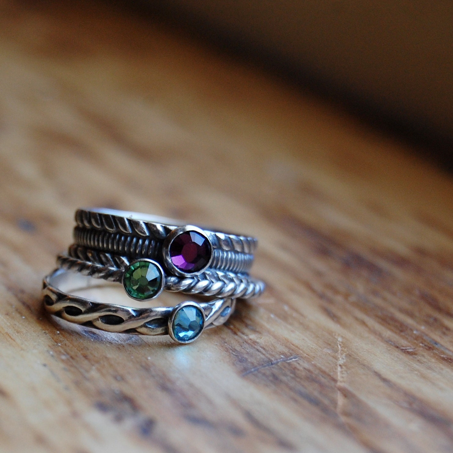 Sterling Silver Stacking Ring Set  - Swarovski Crystal - Custom Size