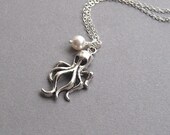 Silver octopus necklace, swarovski crystal pearl color choice, silver plated chain, beach nautical resort jewelry