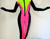 1980s NEON Neoprene Wetsuit Vintage 80s Swimwear Wet Suit Scuba Swimsuit Fluorescent Pink Green Black Henderson BodyGlove Body Glove