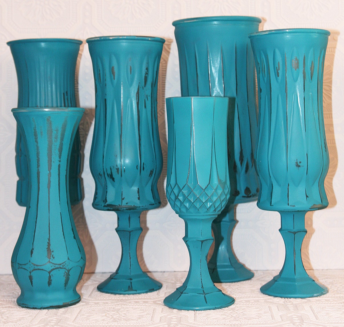 vintage teal blue shabby chic pedestal vase set by vintage teal blue shabby chic pedestal vase set by