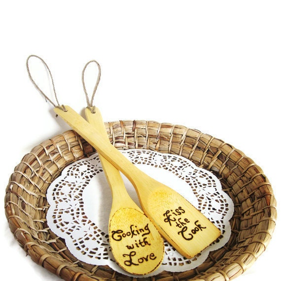 Kiss the Cook Rustic Kitchen decor. Set of two wood burned kitchen spoons. On sale HALF PRICE.