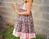 Kailey Dress - Pink and Ivory Damask with Grey Knot Twirly Tiered Dress Easter Spring