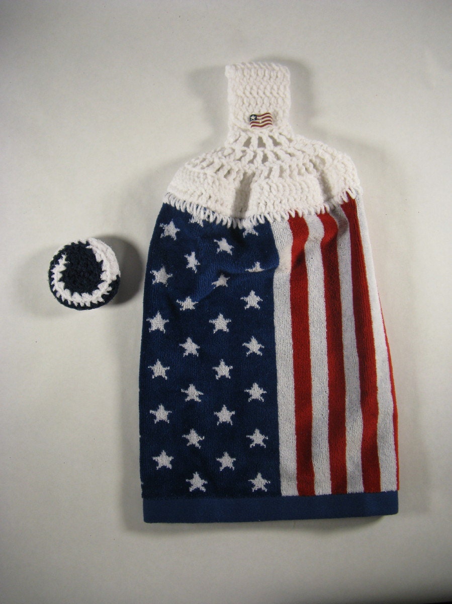 American Flag Kitchen Towel and Dish Scrubby Patriotic Red White and Blue