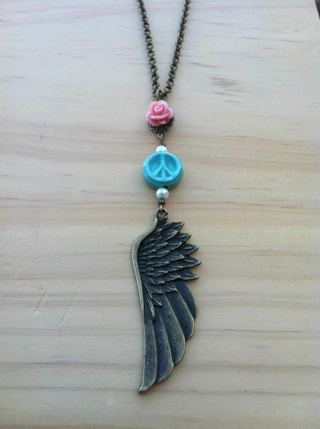 Free Spirit "Wings of Peace" with Rose Long Necklace