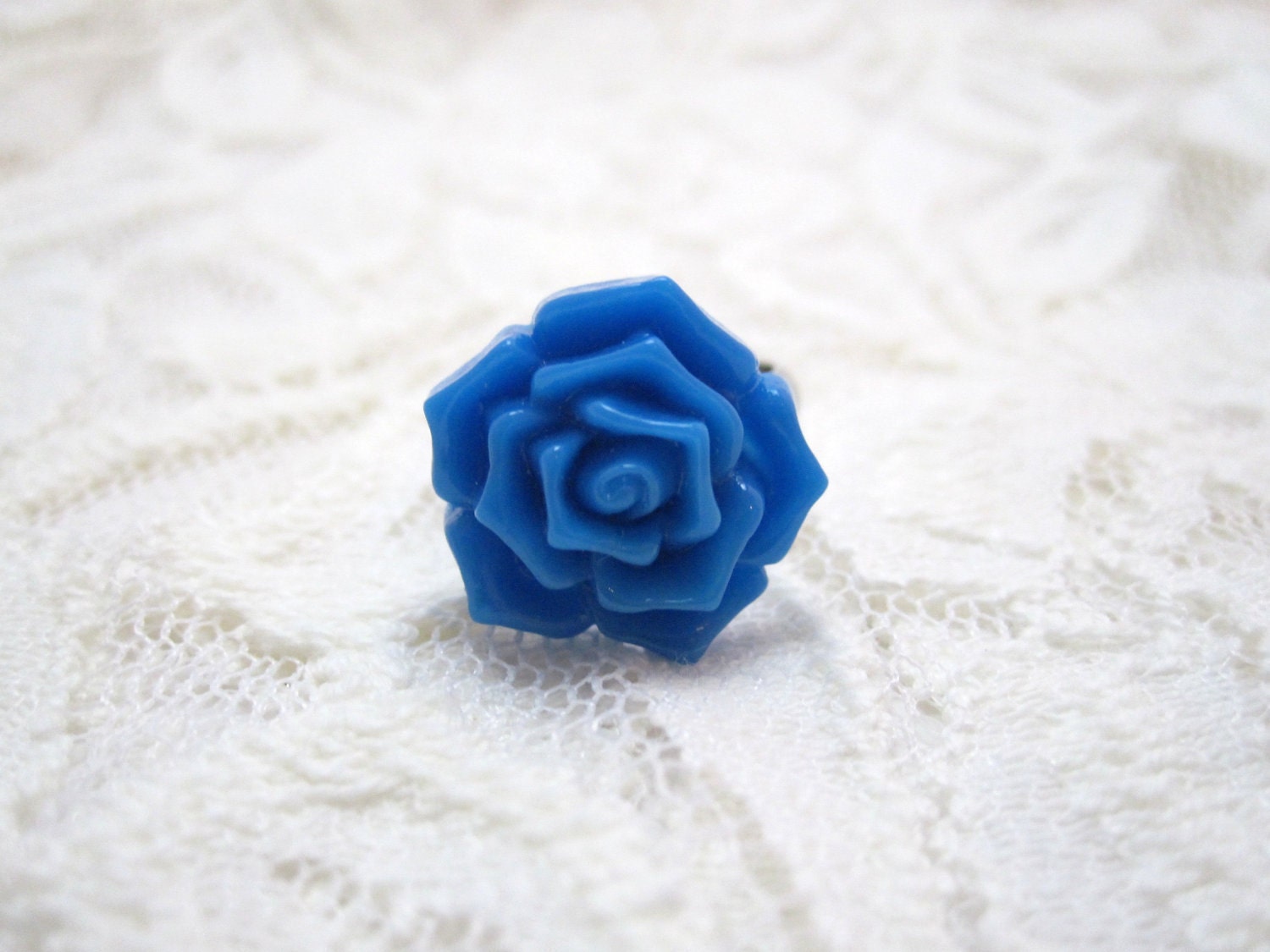 Blue rose ring - bright blue flower on silver adjustable ring