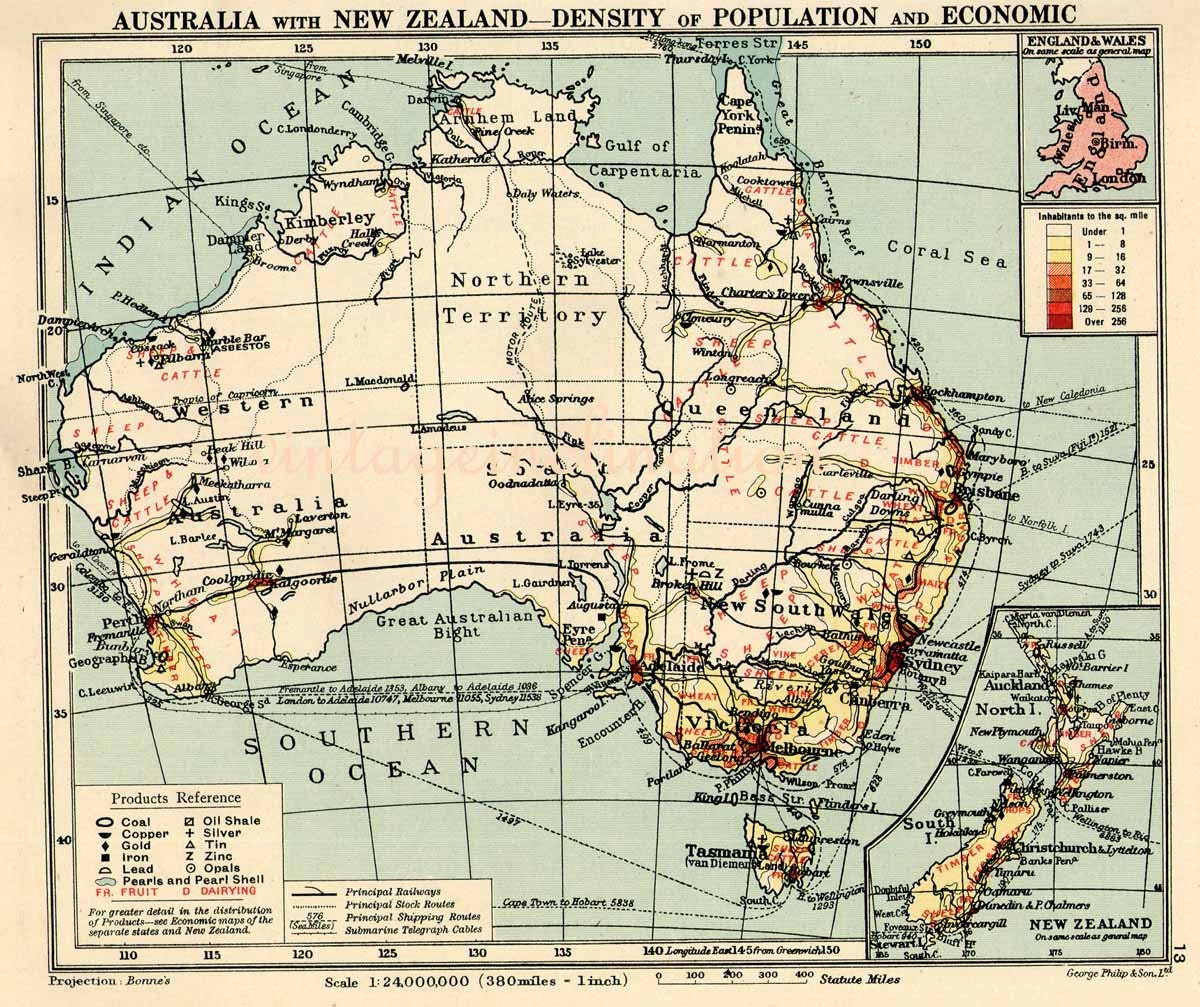 1948 AUSTRALIA map including state boundaries, cities including Sydney Melbourne Brisbane antique