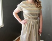 Vintage Striped Two Piece Outfit Top / Skirt / Dress in Tan, Cream and Brown