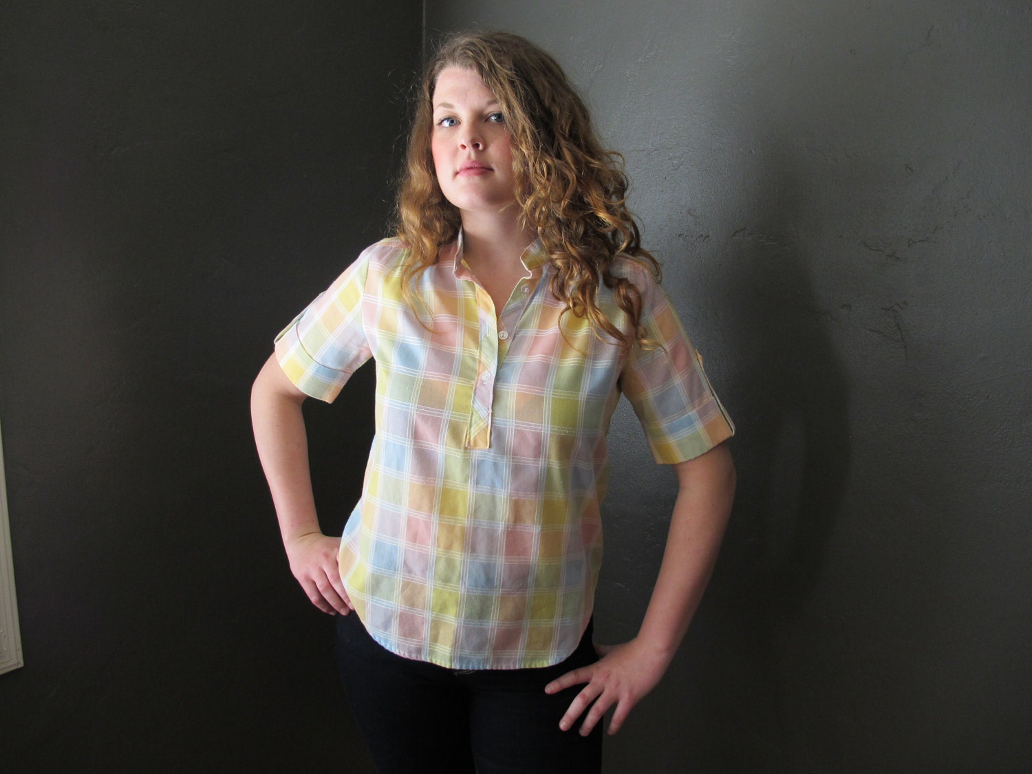 Vintage Checkered Colorful Short Sleeve Blouse
