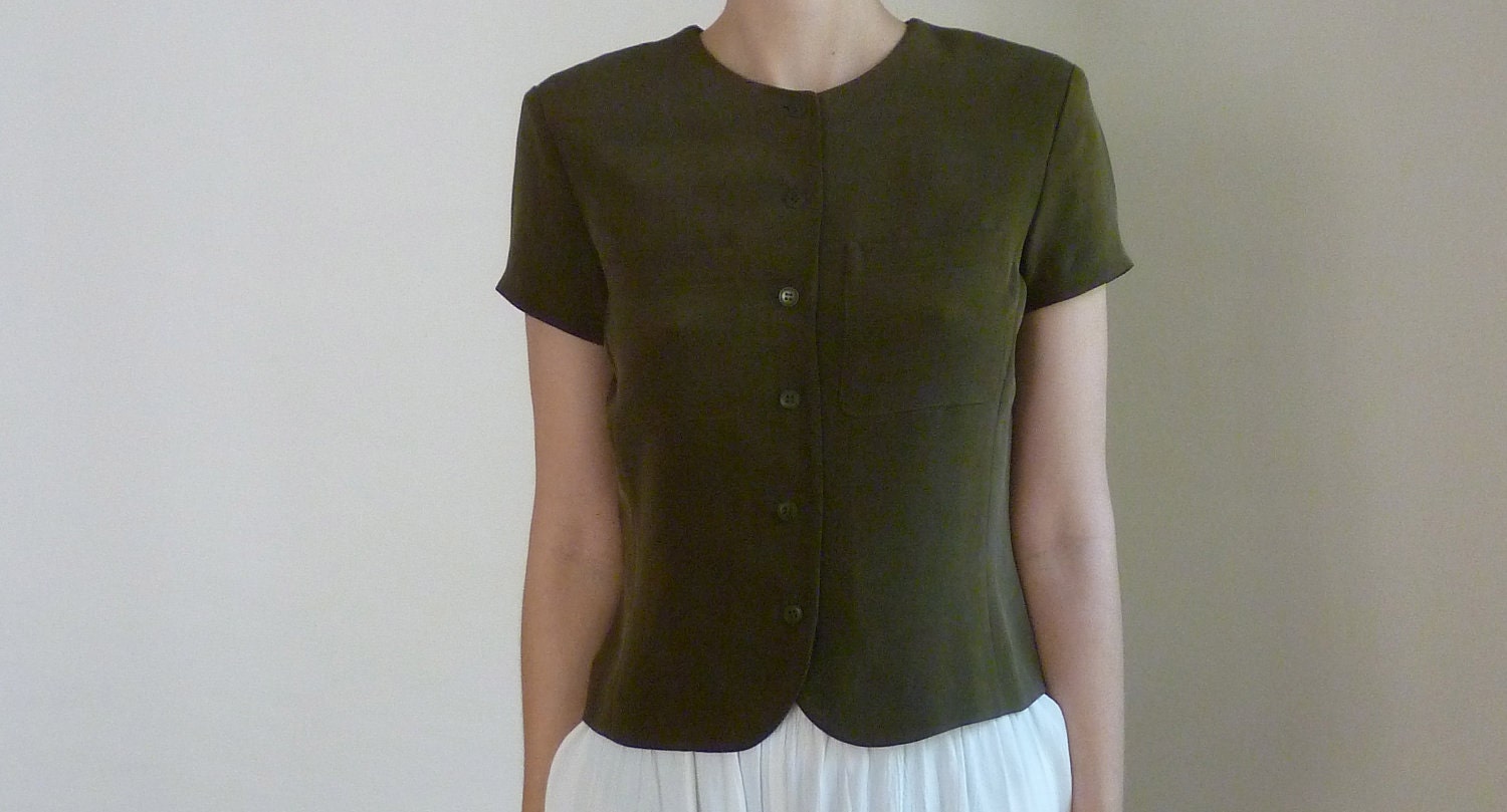 90S Silk Green Forest Olive Top Tee Crop Square Small Size 4 Button Up