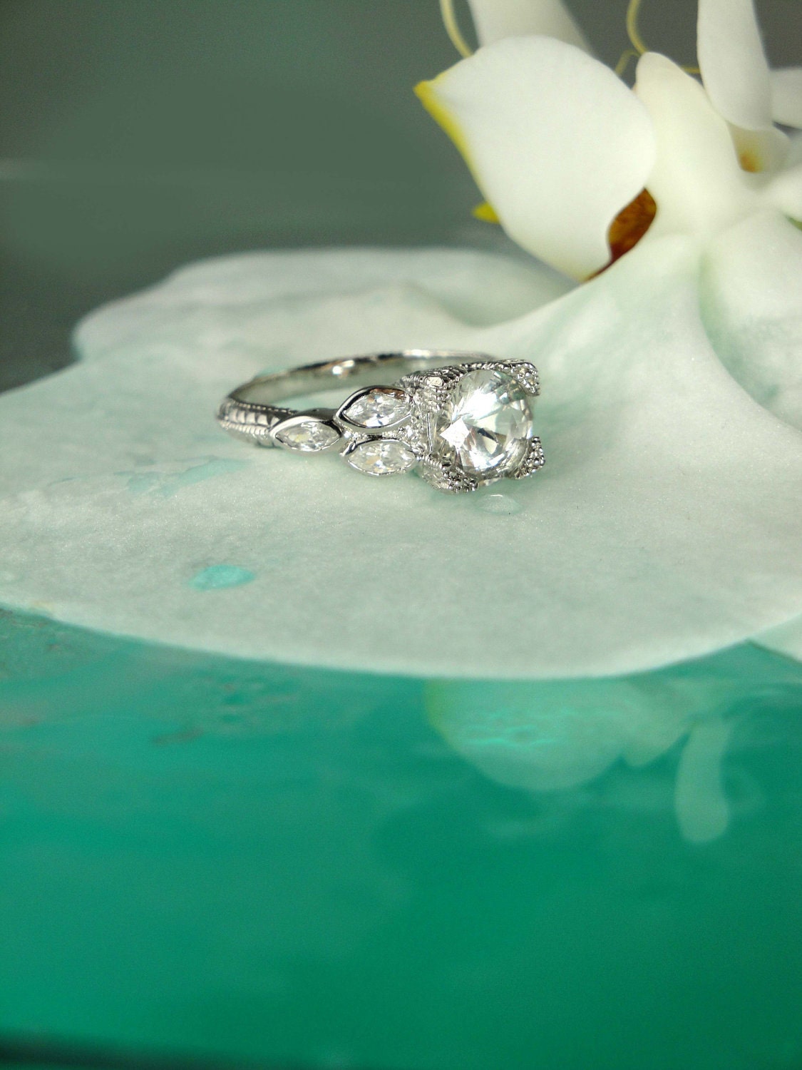 Stunning Antique Style Sparkling Herkimer Diamond and Sterling Silver Ring