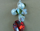 Holiday Pearl and Crystal Necklace, Wire Wrapped Dangle on Leather