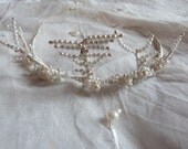 Antique French bridal tiara crown headband bee wax w beads wreath for bride, Victorian wedding hair accessory, romantic love, great display