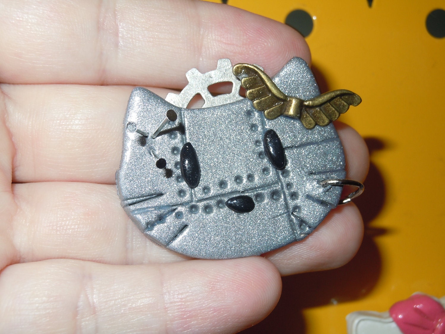 Hello Kitty Necklace Industrial Goth Steel Polymer Clay Charm