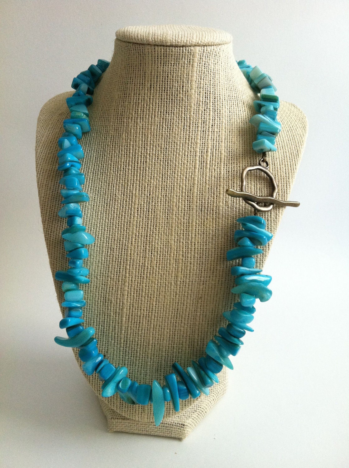 Tropical Turquoise Shell Chunk Necklace - Natural Turquoise Shell Chunk Necklace with Bronze Toggle Closure