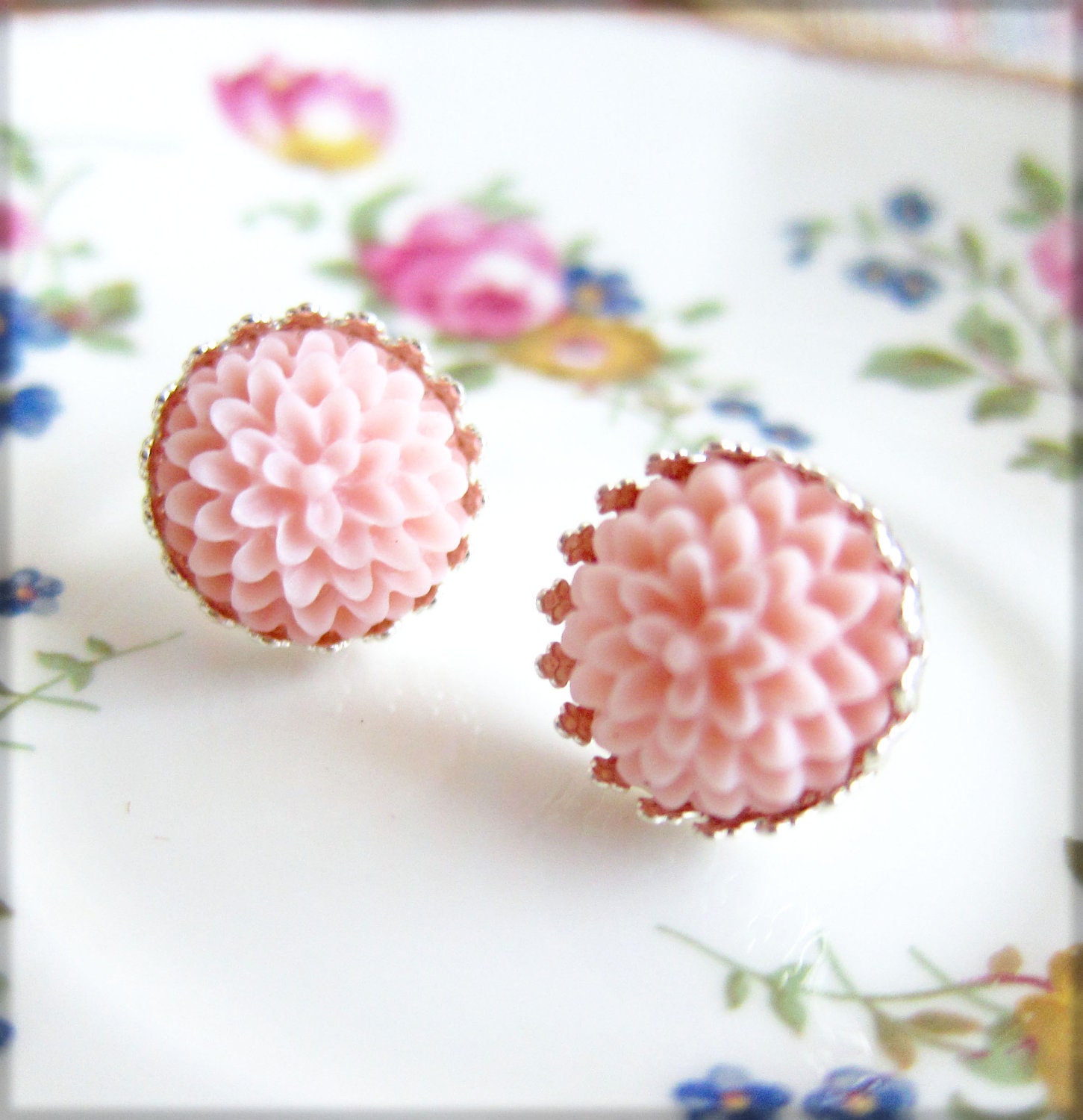 Pink Earrings Silver Stud Post Earrings Flower Floral Bridesmaids Gift Shabby Chic Romantic Wedding Bridal Jewelry