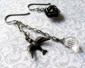 Asymmetrical Bird Earrings - Antiqued Silver Rose Swarovski Crystals Arte Metal Flying Bird