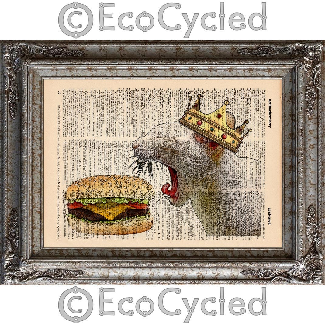 Cat with Cheeseburger and Crown on Vintage Upcycled Dictionary Page Book Art Print Recycled