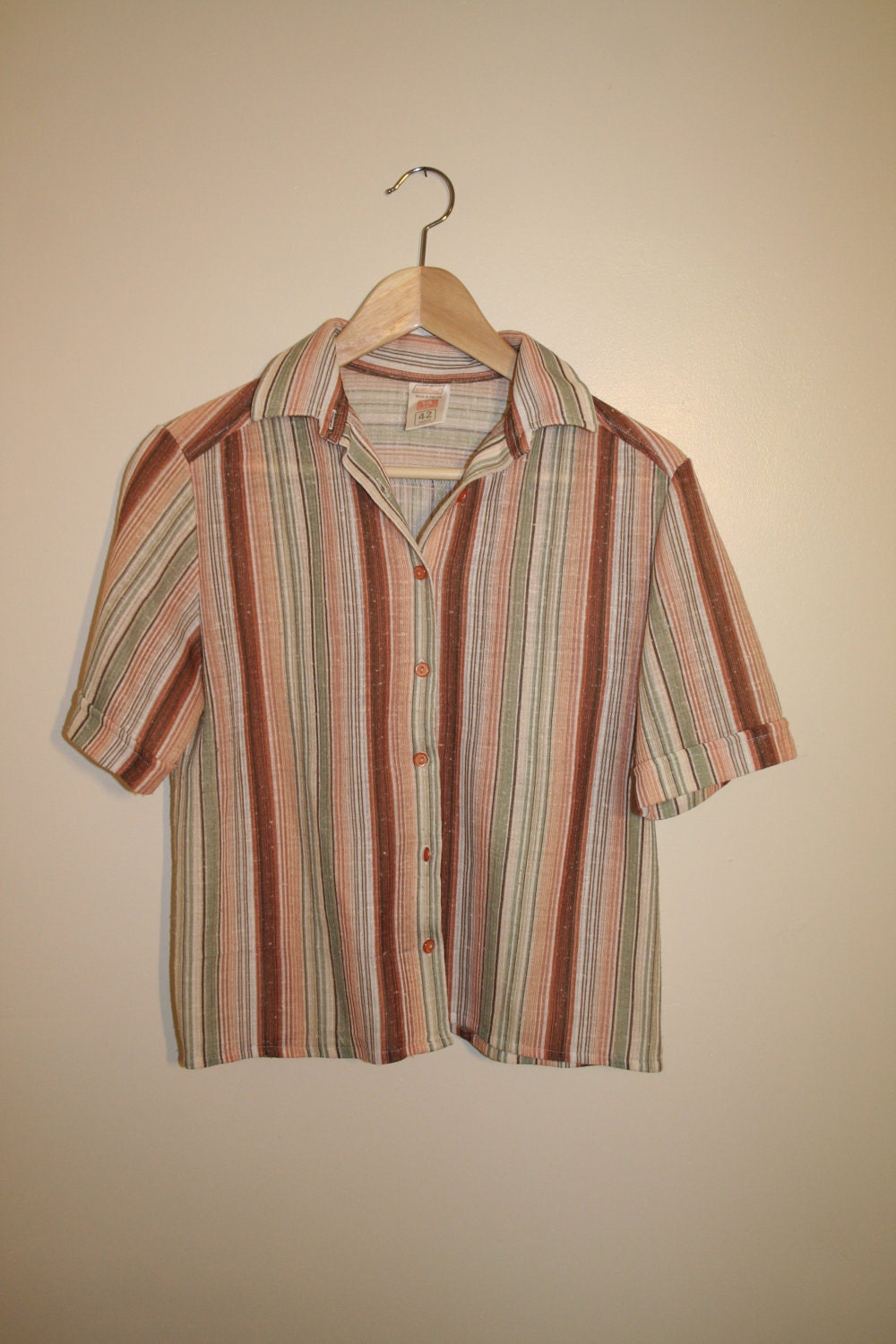 1970's Green, Brown and Cream Striped Shirt