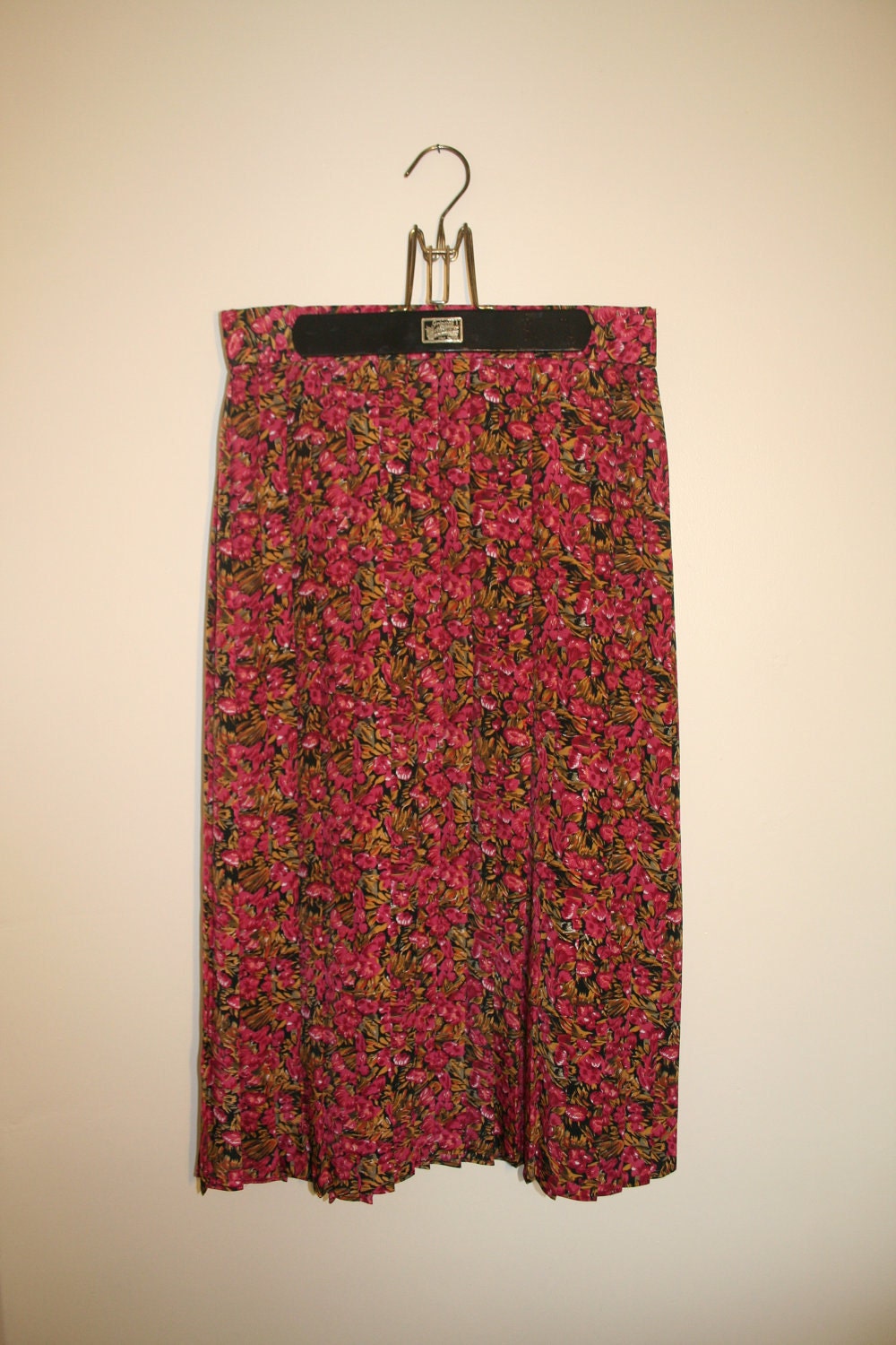 Raspberry Pink, Black and Gold Floral Pleated Midi Skirt