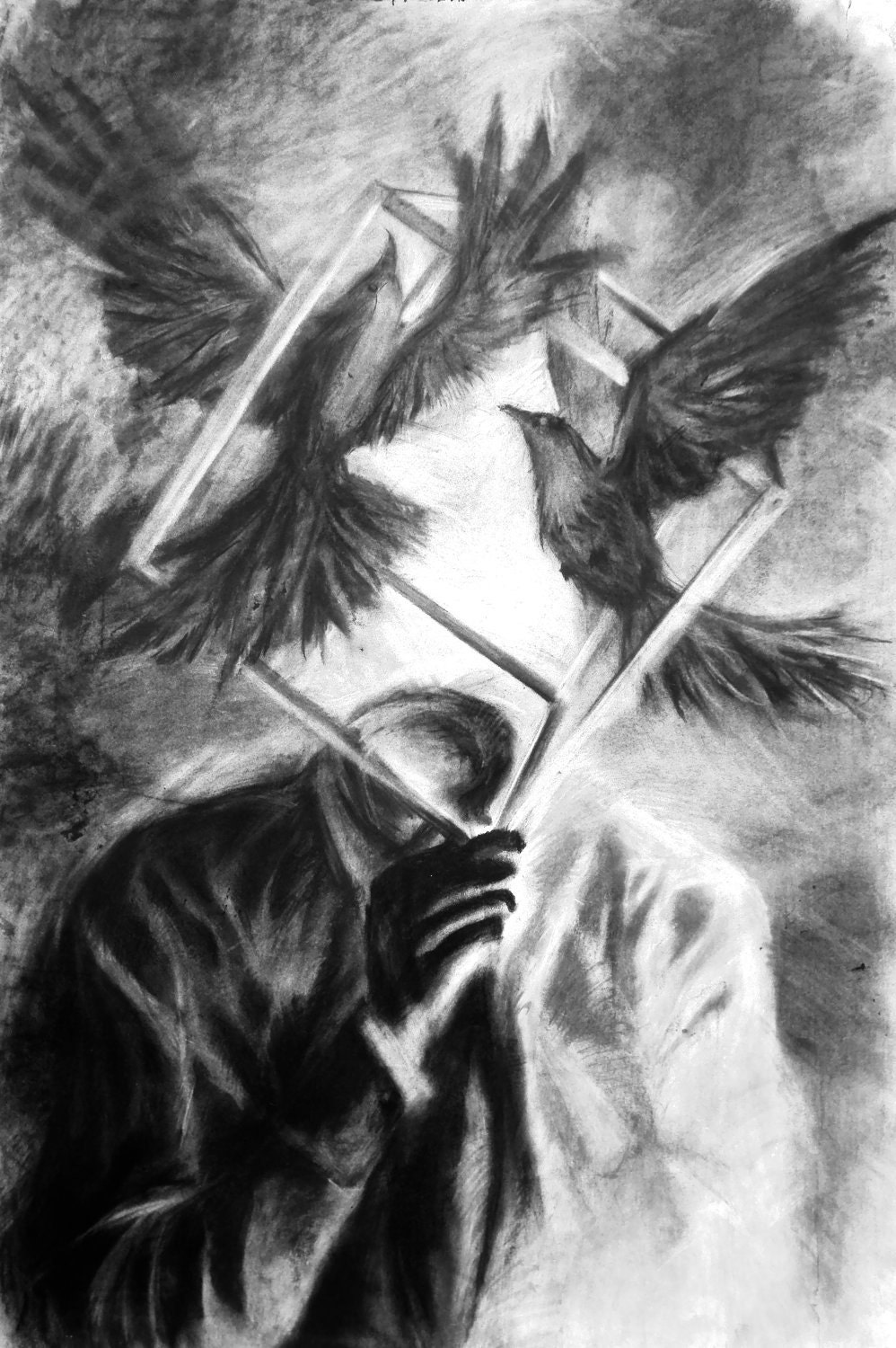 Call Of The Wild - surreal self-portrait charcoal drawing