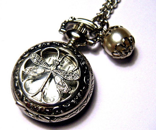 PETITE DRAGONFLY - Small classy antique silver pocket watch necklace watch with pearl