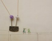 Flowers Necklace, Flowers in a pot Golden Charm, Ooak Gold Necklace- ON SALE- Handmade- Free Shipping- Ready to Ship