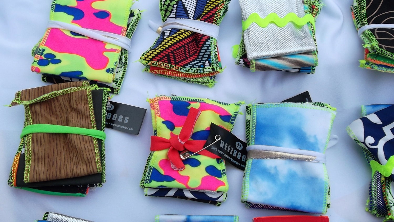 Pack of Brightly Patterned Spandex Cuffs, double sided with neon trim, 5 for 25
