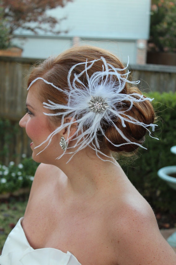 White Bridal Marabou & Ostrich Feather Fascinator with Crystal Flower Centerpiece