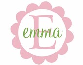 Name and Initial Vinyl Wall Decal - Round Scallop Border Circle Decal with Monogram for Girl Baby Nursery or Room Decal 22Hx22W FS0190