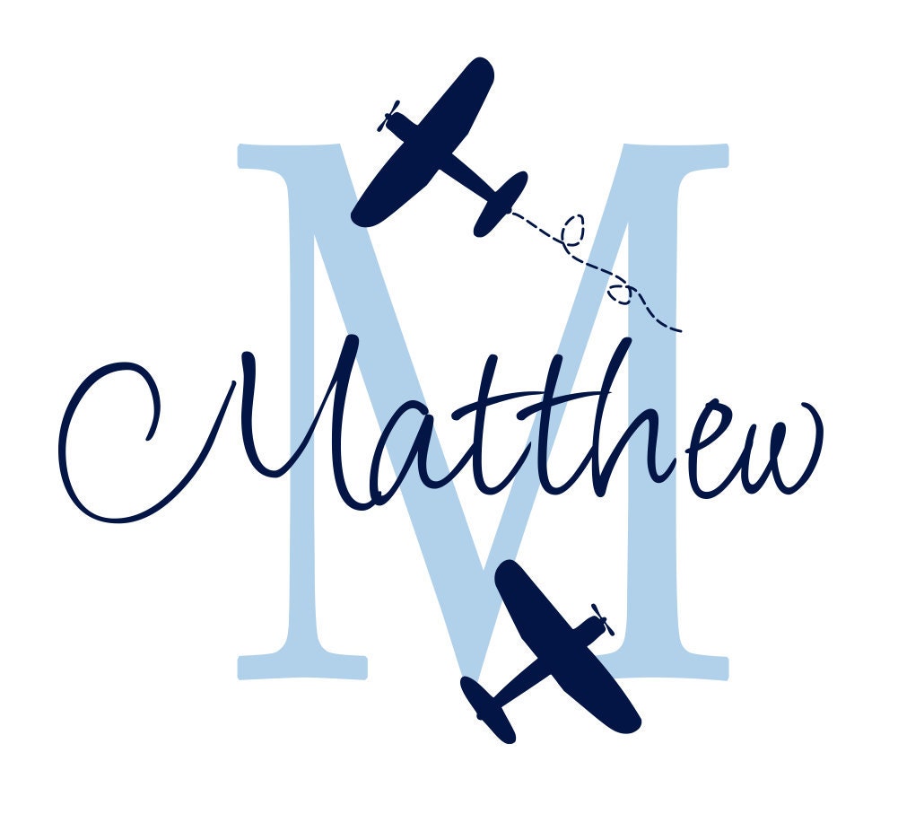 Airplane Wall Decal Initial and Name Custom Vinyl Wall Decal for Boy Baby Nursery or Boys Room 22"H x 24"W Wall Art FS107
