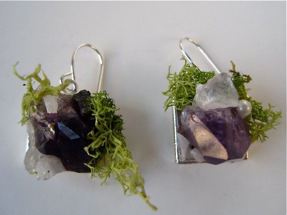 Miniature- Amethyst -Garden- Magical Earrings- Handmade- one of a kind-Wearable Art- by Pauletta