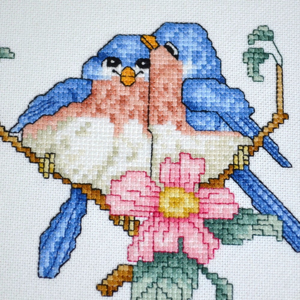 Cross Stitch Bluebirds Embroidery Hoop Wall Decor Handmade