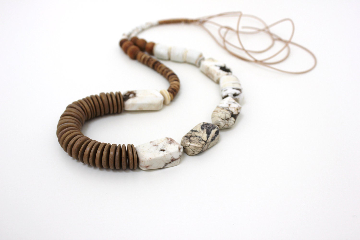 white statement necklace leather  necklace wood trade bead necklace magnesite glass only one
