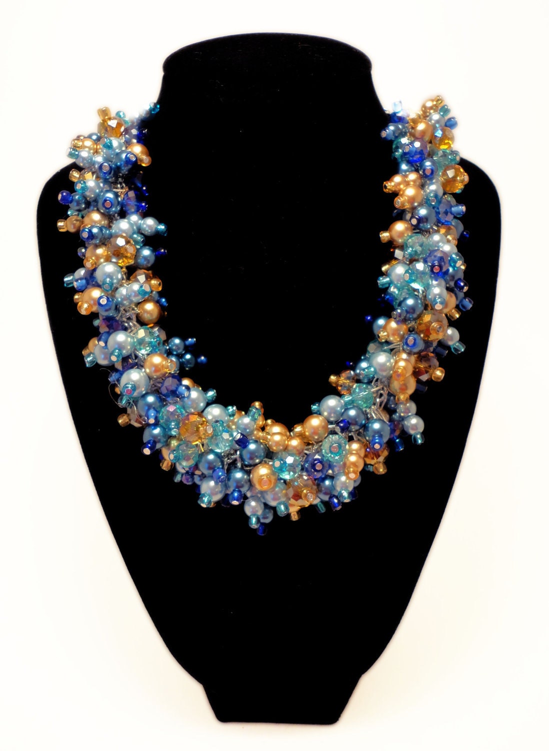 FRINGE Statement Necklace, Blue, Light Blue, Gold, Navy, Choker, Bold, Chunky, Glass Beads, Pearls, Jewelry by Jessica Theresa