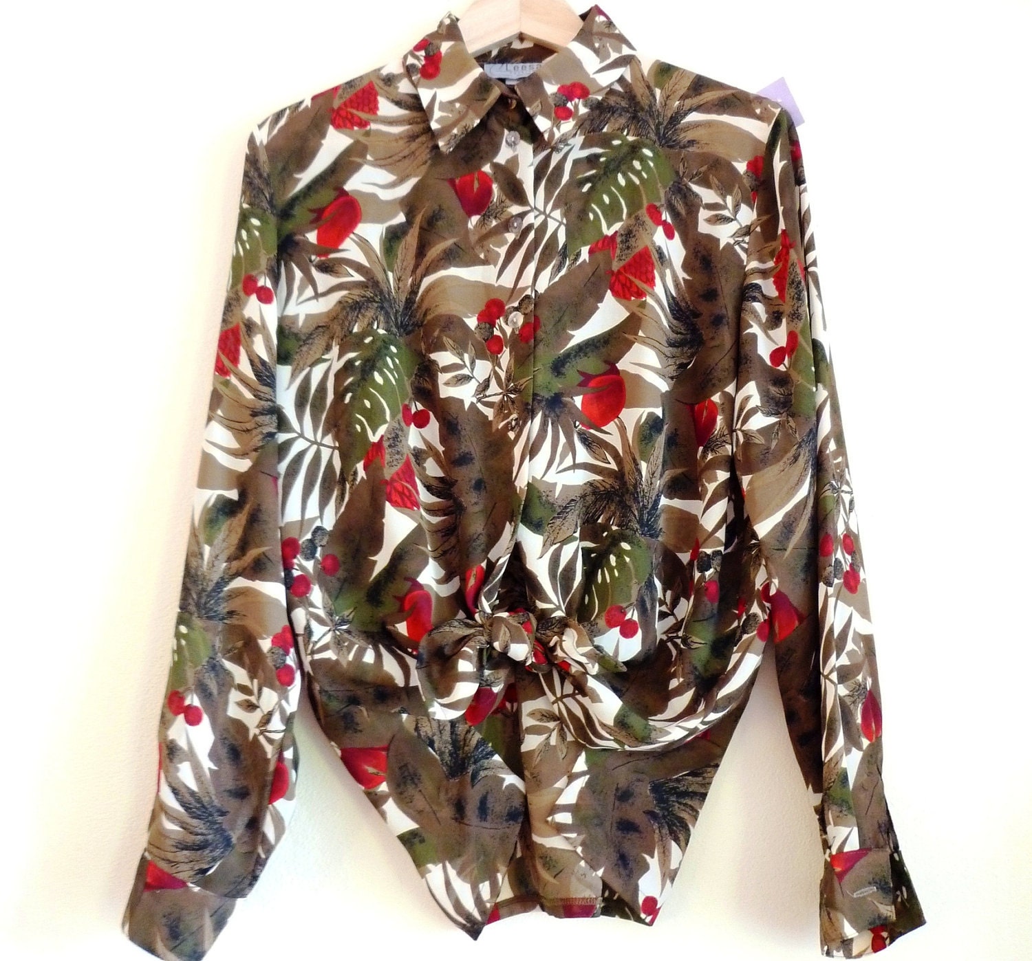 Vintage 70s Shirt - top, island print, rainforest, green, khaki, red, brown, small, medium, large